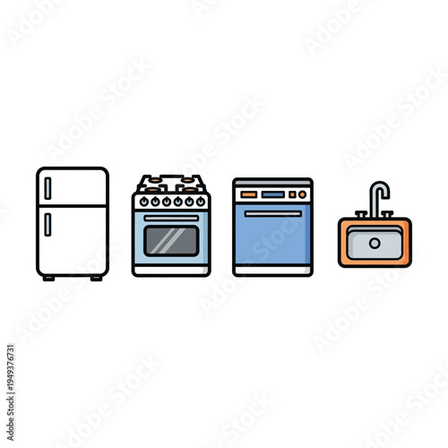 flat design kitchen appliances set with refrigerator stove dishwasher and water heater