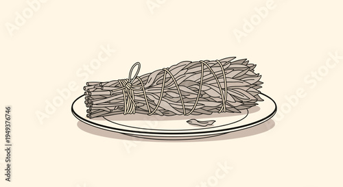Bundle of aromatic dried sage leaves tied with a string and resting on a white ceramic plate for smudging or cooking use.
