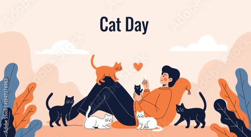 Beautiful illustration for Cat Day showing a man relaxing on a sofa while several cute black, white, and orange cats play.