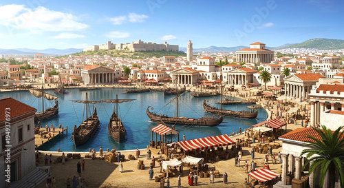 The foreground is dominated by the edge of the harbor and a bustling marketplace. Numerous wooden merchant ships, equipped with sails and oars, are moored along the quay, and people are loading and un