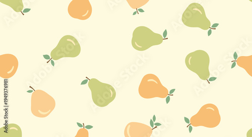 Delicate seamless pattern of light green and soft orange pears with small leaves scattered on a pale yellowish background.