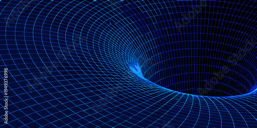 A swirling blue wireframe tunnel creates an abstract vortex effect