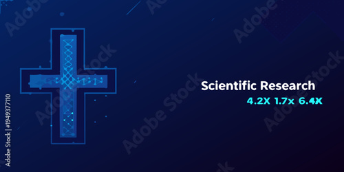 Abstract blue cross graphic with dna helix and scientific research text