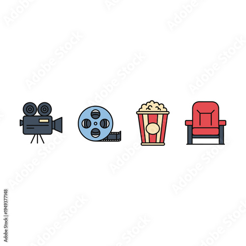 flat design cinema and movie night essentials with popcorn and film reel