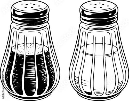 Glass salt and pepper shakers with metal caps and ribbed bodies seasoning condiment