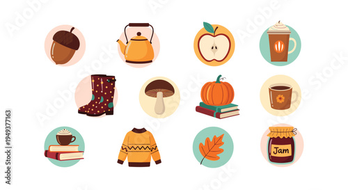Collection of cozy autumn-themed icons including a pumpkin on books, hot coffee, rain boots, mushrooms, and fall leaves.