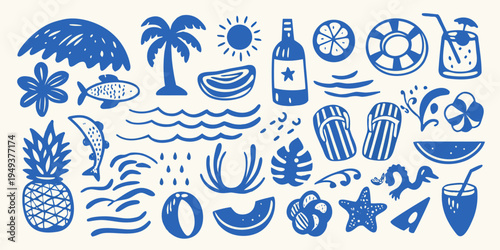 Blue summer doodles featuring tropical fruits ocean elements and beach items