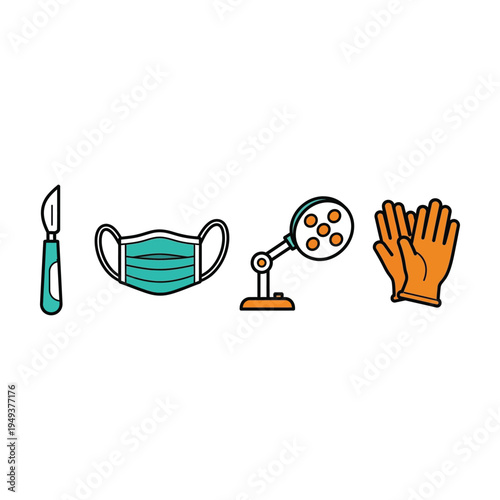 Flat design illustration of hygiene and medical testing tools with hand and face mask