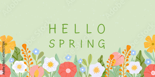 A cheerful hello spring greeting with colorful floral arrangements