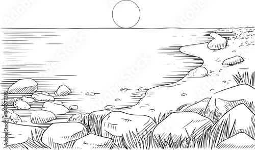 Black and white of a serene lake shore with smooth stones and a distant sun rocks
