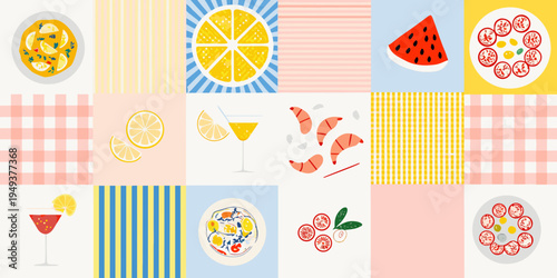 Colorful collage of summer fruits food and drinks in a geometric pattern