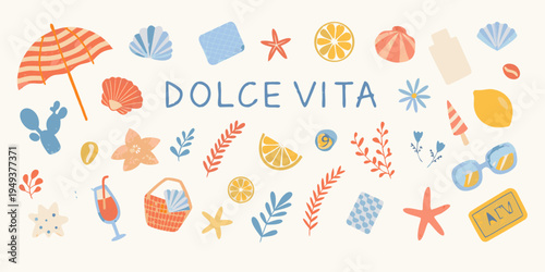 A colorful hand drawn illustration depicting summer elements and dolce vita