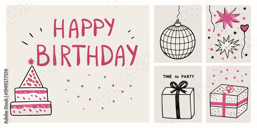 Festive birthday card with cake gifts and party decorations