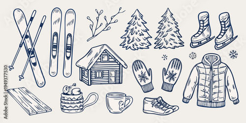 Winter themed sketch collection featuring skis skates and cozy cabin items