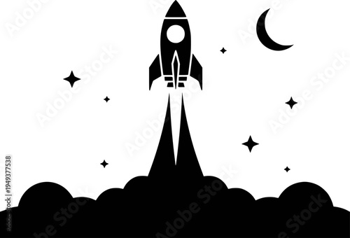 Black silhouette of a rocket launching into the night sky with stars and a crescent moon