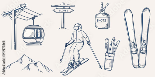 A collection of hand drawn skiing and apr s ski related illustrations