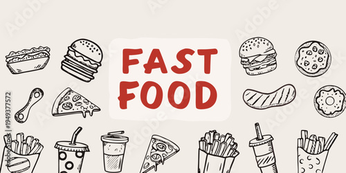 Doodle style illustration of various fast food items and lettering