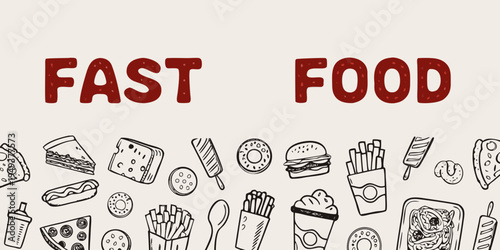 Hand drawn fast food illustration with various snack and meal items