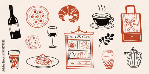 A charming collection of hand drawn breakfast and picnic items