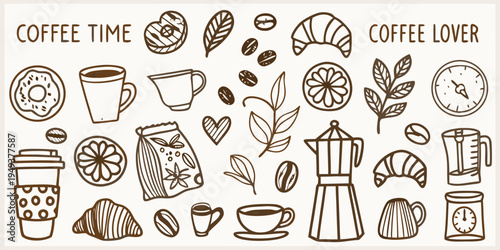 Hand drawn illustration featuring coffee pastries and related accessories
