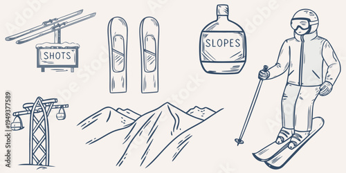 Skiing themed sketch featuring equipment mountains and a skier