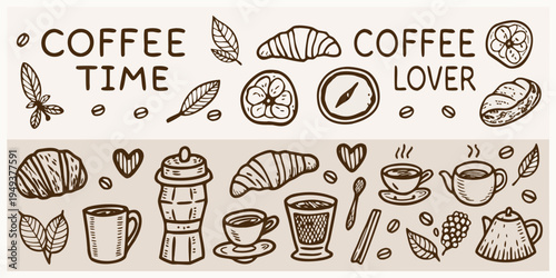 Coffee time illustration with pastries beans and various coffee preparations