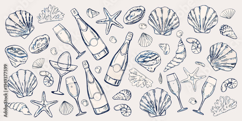 Seashells champagne flutes and bottles in a sketched artistic arrangement
