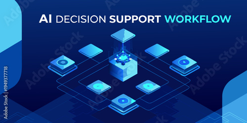 Ai decision support workflow depicted with glowing geometric shapes