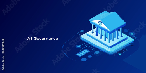 Ai governance concept with a building and circuit board design