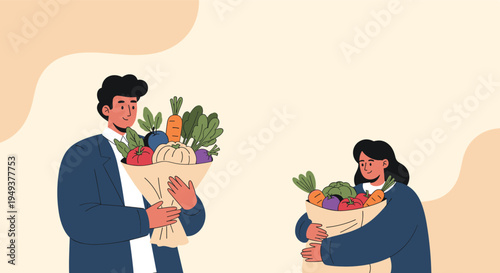 Happy man and woman carrying large bags overflowing with fresh organic vegetables from the market on a beige background.