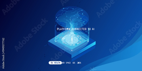 Futuristic digital brain within a glowing cylindrical container illustration