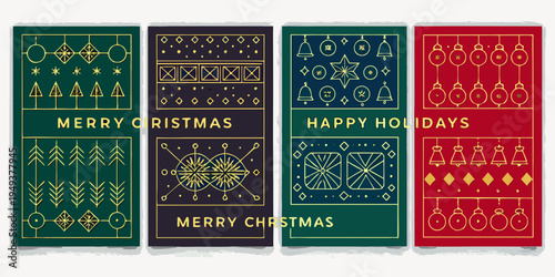 Four rectangular christmas cards with geometric patterns and festive greetings
