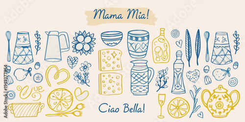 Hand drawn illustration of kitchenware citrus and floral elements with text
