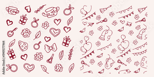 A collection of hand drawn whimsical doodles in reddish brown tones