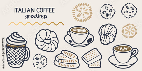 Italian coffee and pastry doodles with decorative elements in a line art style