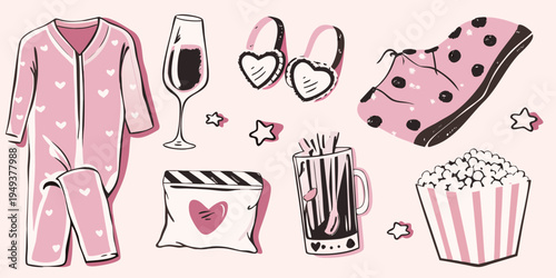Cozy night in pajamas champagne popcorn and relaxing self care items