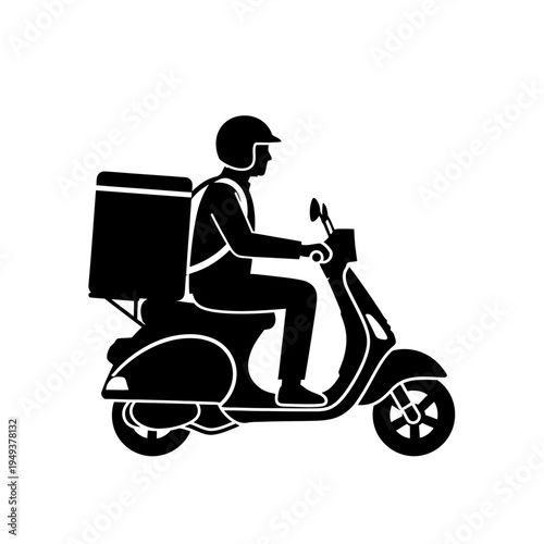 Delivery rider on a scooter wearing a helmet with a box.