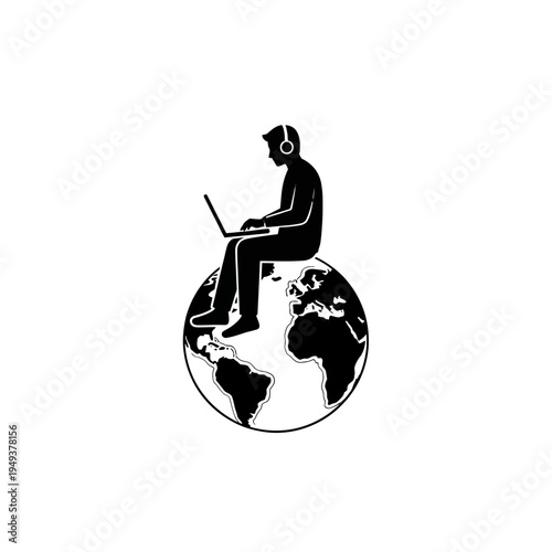 Person sitting on a globe using a laptop to symbolize global connectivity and technology.