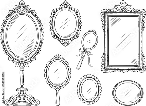Collection of ornate vintage mirrors with decorative frames and hand mirrors