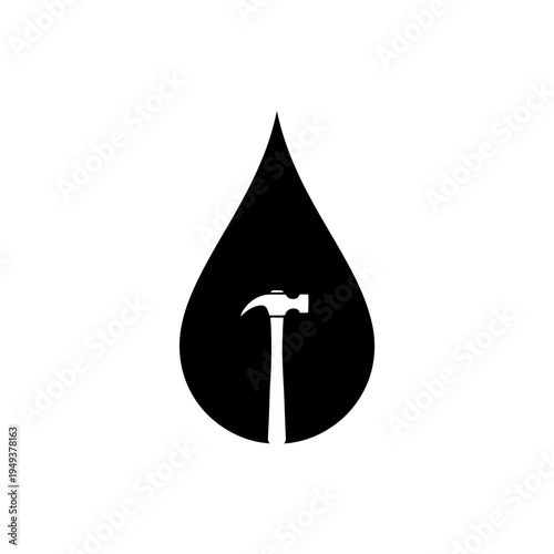 Industrial hammer silhouette embedded within a black droplet icon for industry and design.