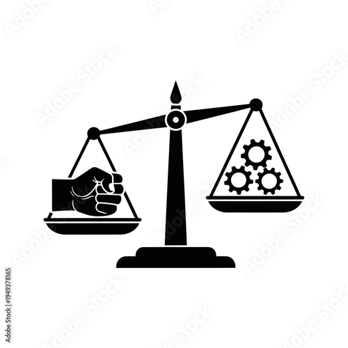 Fényképezés Scale illustrating the balance between labor and industry with gears representing machinery and production
