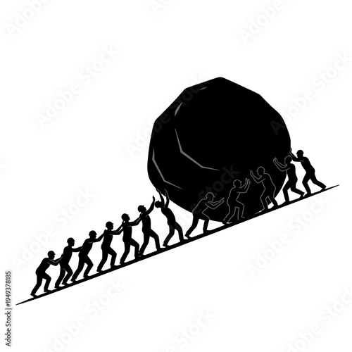 Team of workers pushing a massive boulder uphill together.