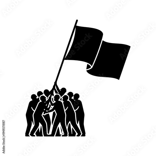 Group of people marching together while holding a large flag in a demonstration scene.