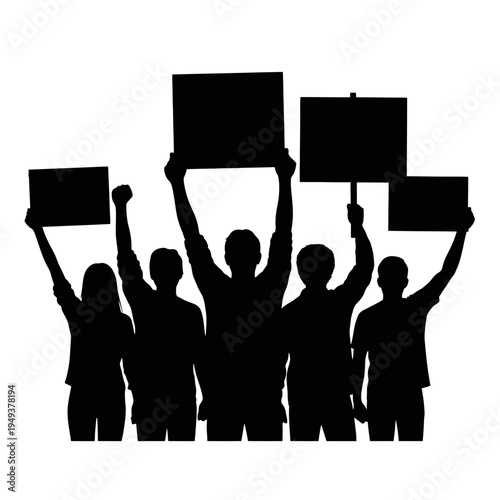 Group of silhouetted protesters holding signs in unity and demonstration for social change.