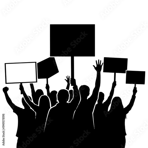 Silhouetted crowd of protesters holding placards during a street demonstration and rally.