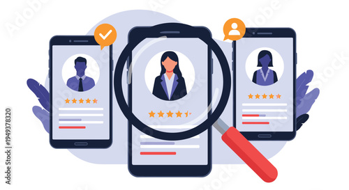 Human resources concept showing a magnifying glass searching through candidate profiles on mobile smartphones with ratings.