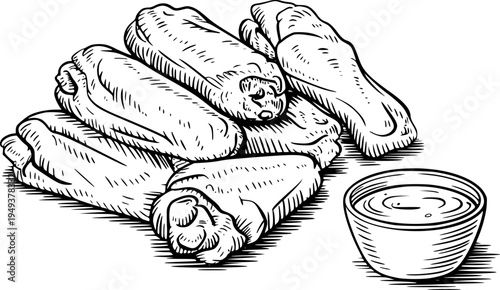 Hand Drawn Black and White of Chicken Wings with Dipping Sauce White Background food