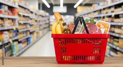 Red shopping basket filled with fresh bread, fruit, and groceries placed on a wooden table with blurred supermarket background.
