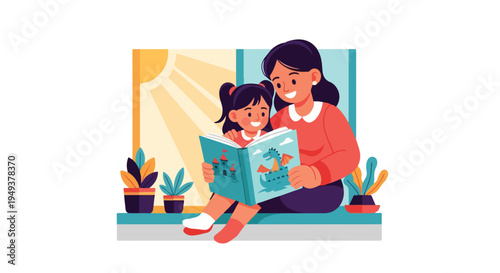 Loving mother and her happy daughter enjoying a heartwarming storybook together by a sunny window, fostering a bond through reading and learning at home.