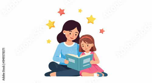 Happy mother and daughter reading a storybook together, enjoying quality time and learning, surrounded by magical stars, family bonding illustration.